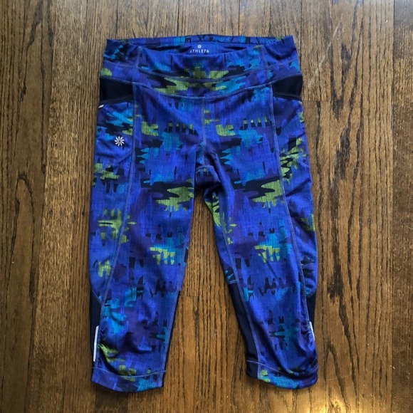 3/$20 Athleta Neon Patterned Mesh Panel Stretch High-Rise Capri Leggings - Picture 1 of 6